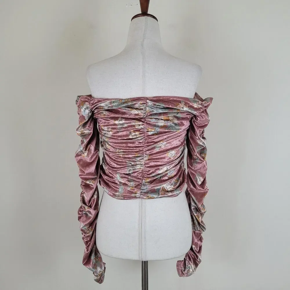 Free People Top Med Pink Velvet Floral Off The Shoulder Ruched Puff Sleeve Reina